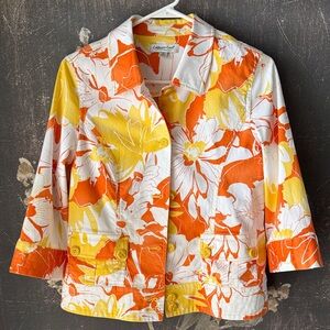 Coldwater Creek retro cropped yellow / orange / white 3/4 sleeve floral jacket